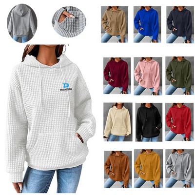 Womens Long Sleeve Drawstring Waffle Pullover Tops Loose Hooded Sweatshirt with Pocket